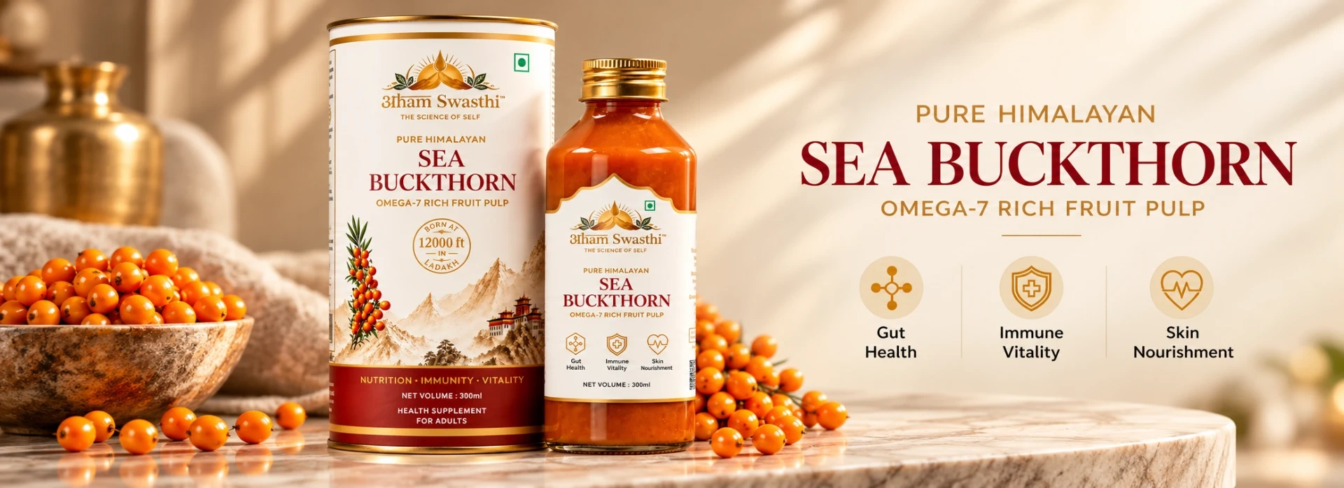 Aham Swasthi Pure Himalayan Sea Buckthorn Omega-7 rich fruit pulp — gut health, immune vitality and skin nourishment